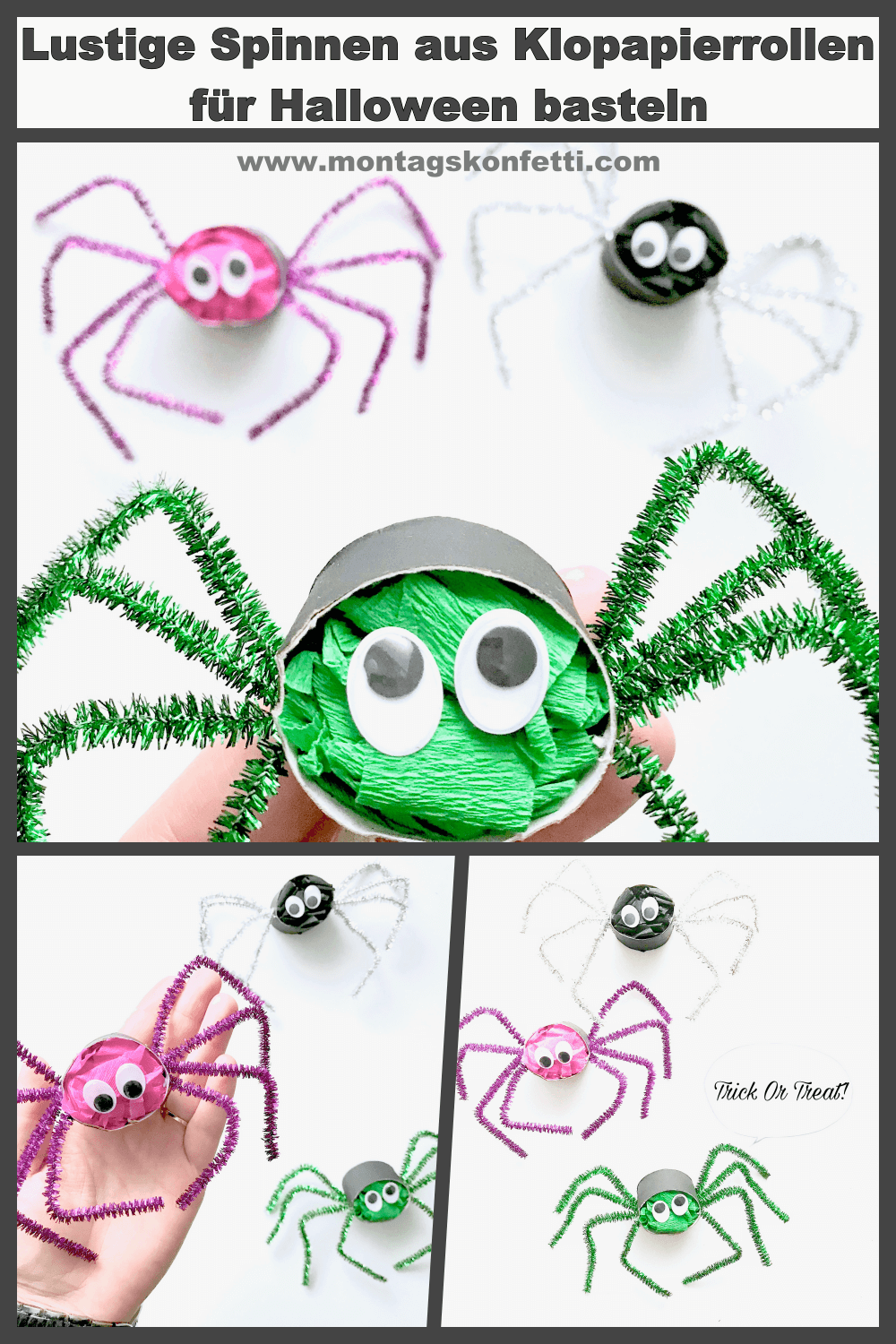 Lustige Spinnen aus Toilettenpapierrollen für Halloween basteln1